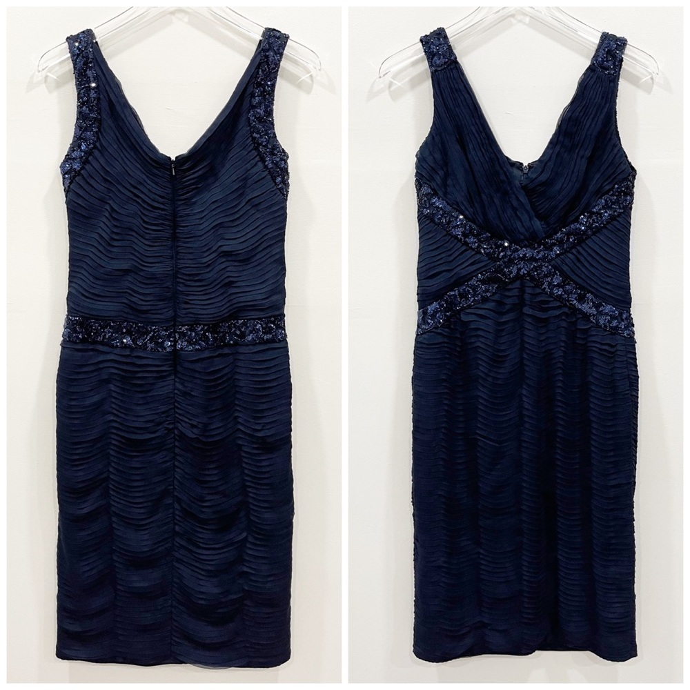Tadashi Collection Pleated Silk Sequin Sleeveless Evening Dress Navy V-Neck 6